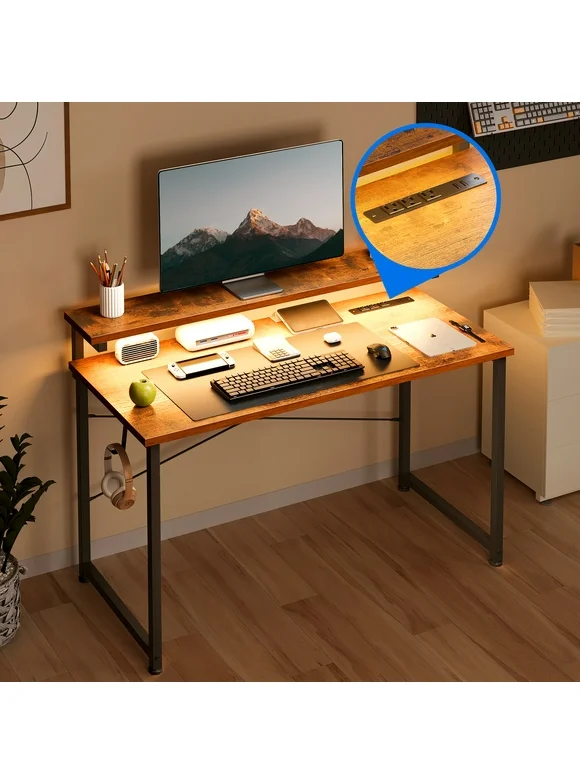 48 inch Computer Desk with Adjustable Monitor Stand(3.9”, 5.1”, 6.3”), Home Office Desk with Charging Station & LED Light, Simple Modern Style Laptop Desk for Small Space, Vintage