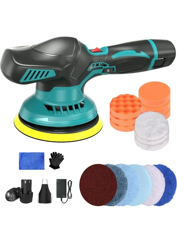 6 Inch Cordless Car Buffers Polishers Kit with 2pcs 2000mAh Lithium Rechargeable Battery, Portable Rotary Car Polisher Set with 6 Variable Speed 2500-5000 RPM for Car, Boat Sanding, Polishing, Waxing