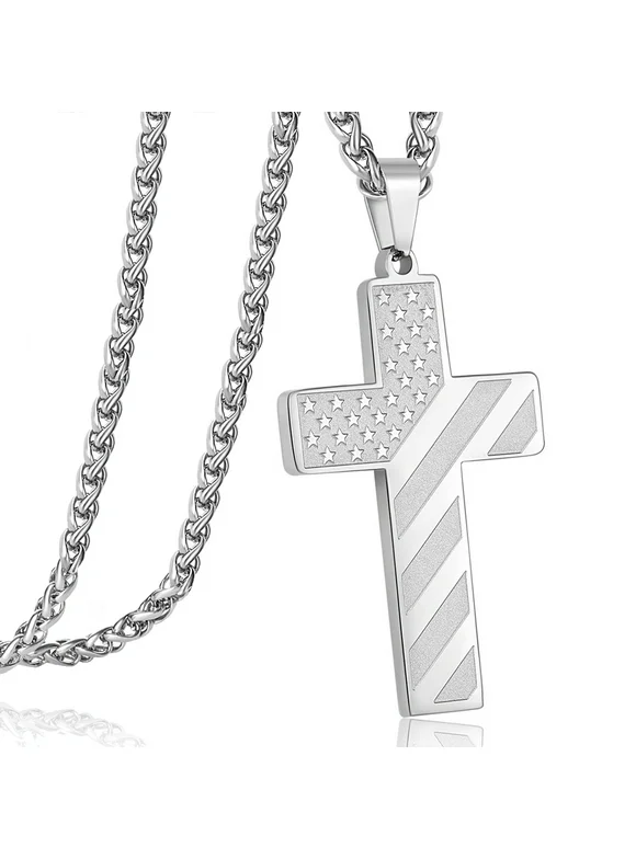 APSVO Silver Cross Necklace for Men Boys Bible Verse Stainless Steel Cross Pendant Chain American Flag Necklaces Religious Christian Jewelry Gifts