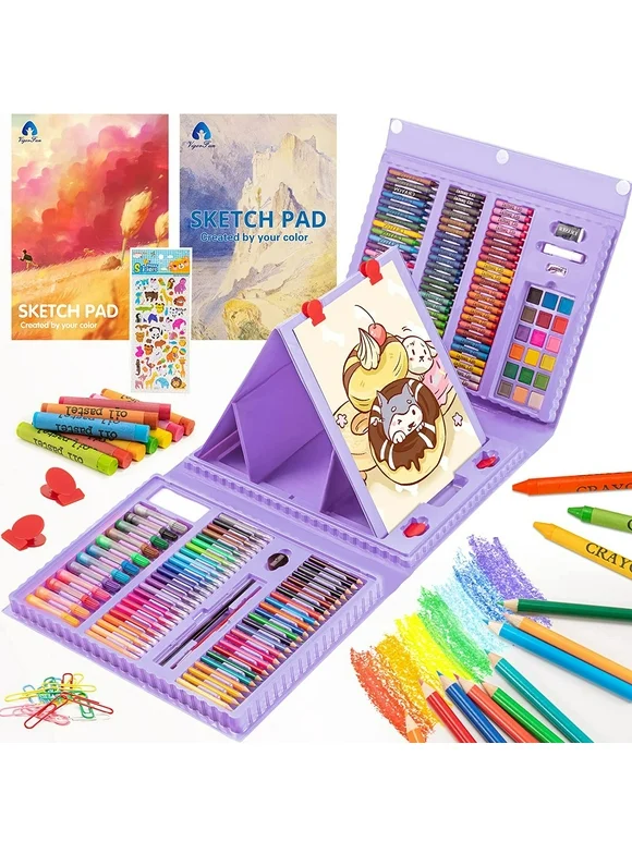 Art Supplies, 240-Piece Drawing Art Kit, Gifts Art Set Case with Double Sided Trifold Easel, Includes Sketch Pads, Oil Pastels, Crayons, Colored Pencils, Watercolor Cakes, Stickers (Purple)