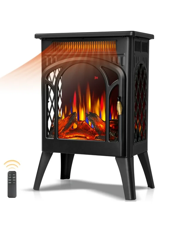 Auseo Electric Fireplace Heater 16", All-metal Frame Freestanding Stove, 3D Flame, Remote Control, 500W/1500W, Black