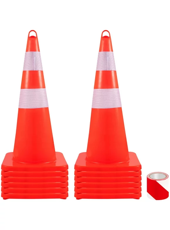 BENTISM Safety Cones, 12 x 28" Traffic Cones, PVC Orange Construction Cones, 2 Reflective Collars Traffic Cones with Weighted Base and Hand-Held Ring Used for Traffic Control, Driveway Road Parking
