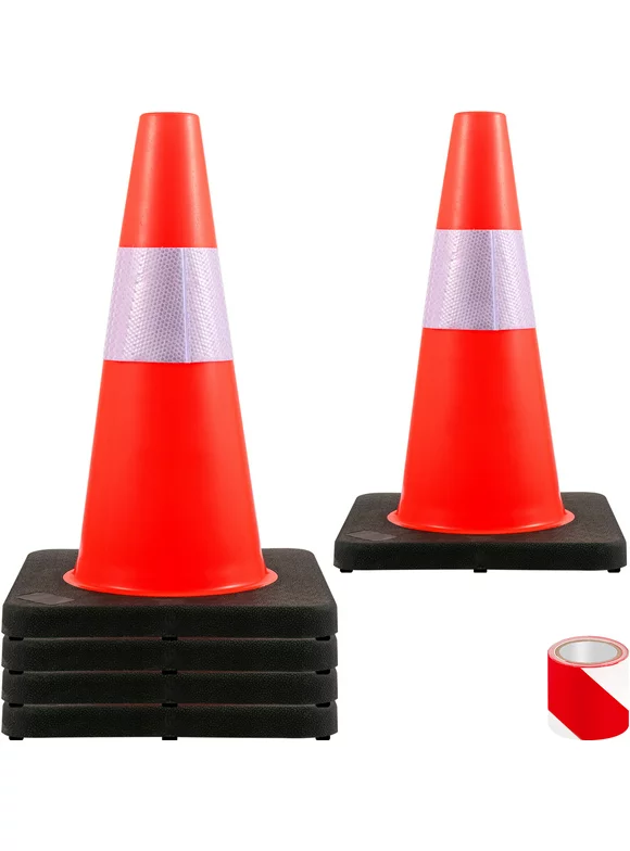BENTISM Safety Cones Traffic Cones 18" PVC Orange Reflective Collars Road Cones with Black Weighted Base, Used for Traffic Control, Driveway Road Parking and School Improvement 5PCs