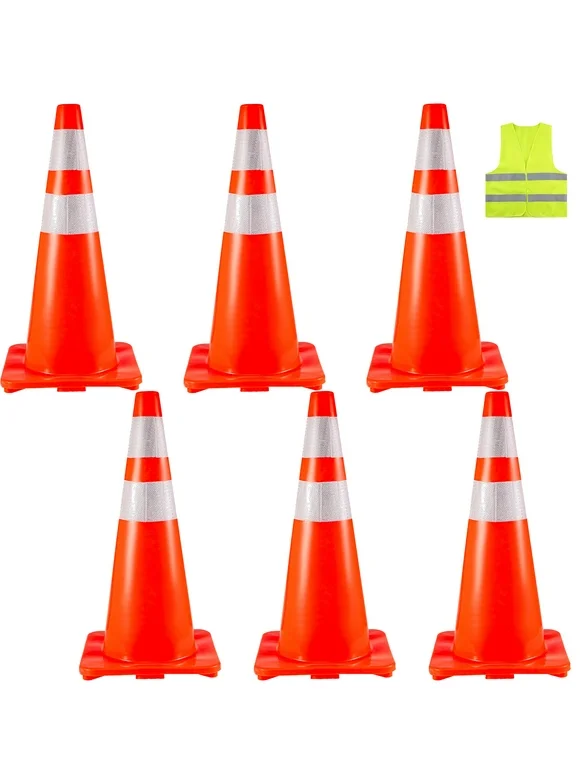 BENTISM Traffic Safety Cones 6 PCS PVC Parking Cones 28" W/ 2 Reflective Collars 14" X 14" Red PVC Base For Higher Warning Roads Construction Sites