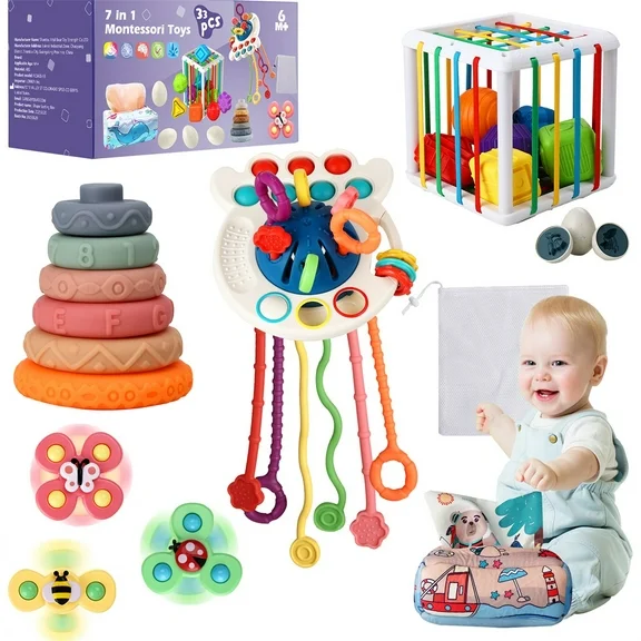 Baby Learning Toys 6-12 Months,7in1 33pcs Montessori Toys for Babies Birthday Gift Toy Set, Sensory Bins Soft Teething Toys Pull String Stacking Blocks Matching Eggs Toddler Toy Suction Cup Spinner