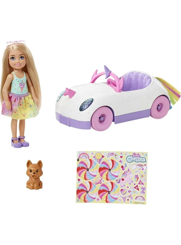 Barbie Club Chelsea Doll & Toy Car, Unicorn Theme, Blonde Small Doll, Puppy, Stickers & Accessories