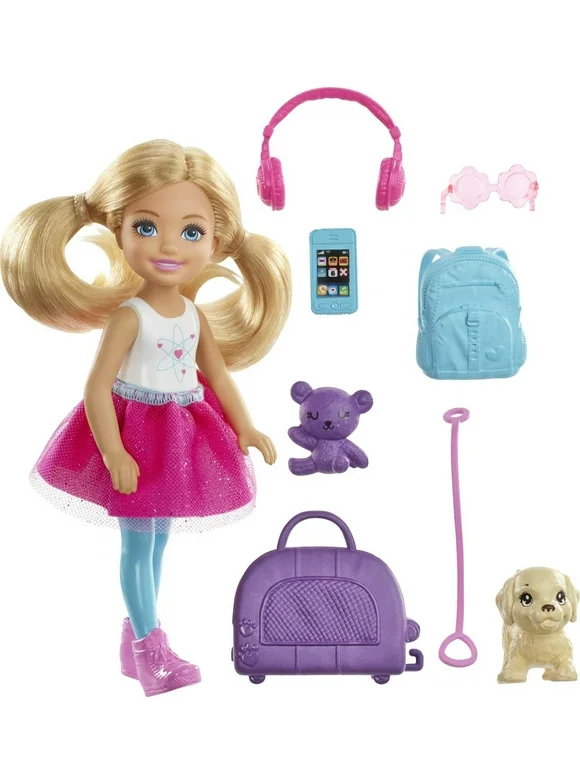 Barbie Dreamhouse Adventures Chelsea Doll & Accessories, Travel Set with Puppy, Blonde Small Doll