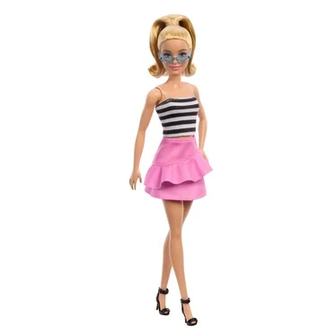 Barbie Fashionistas Doll #213, Blonde with Striped Top, Pink Skirt & Sunglasses, 65th Anniversary, 12.75 in