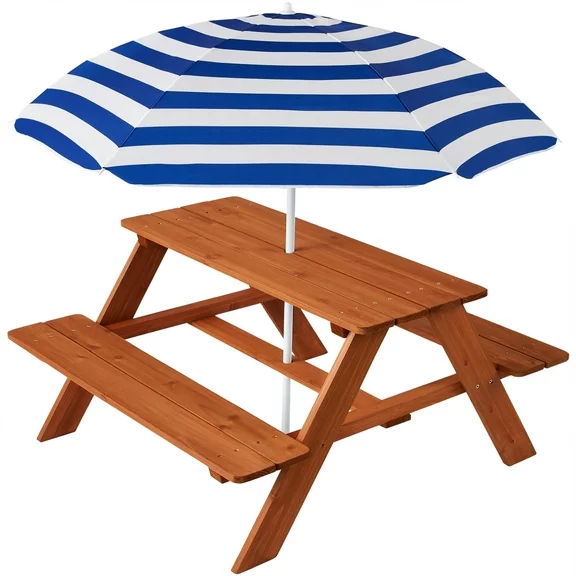 Best Choice Products Kids Wooden Picnic Table, Outdoor Activity Table w/ Adjustable Umbrella, Built-In Seats - Navy Blue