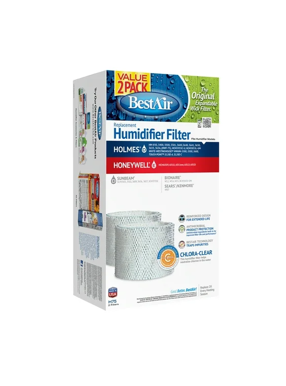 BestAir® H75 Value 2 Pack Extended Life Humidifier Replacement Paper Wick For Holmes Humidifiers. SIZE: 7 1/2″ x 28 1/8″ x 1″. WEIGHT: 0.75 lbs.