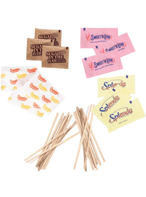 Bools Sugar & Sweetener Assortment Pack, 400-Count Package - Includes Domino Sugar, Splenda, Sweet N' Low, Sugar in the Raw Packets & Wooden Stirrers