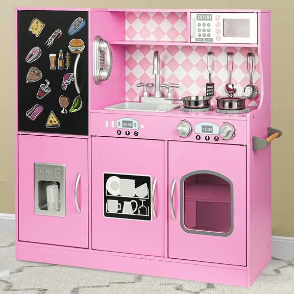 COCLUB Play Kitchen, Wooden Kids Kitchen Playset with Chalkboard, Ice Maker, Play Phone, Cookware Accessories, Microwave Toy Kitchen Gift for Boys Girls Age 3-8 Pink