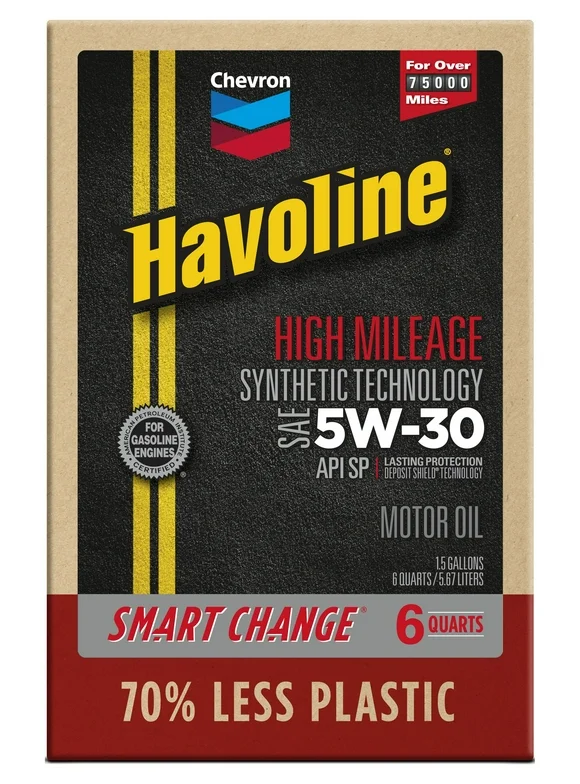 Chevron Havoline High Mileage Synthetic Technology Motor Oil 5W-30, 6 Quart Smart Change Box