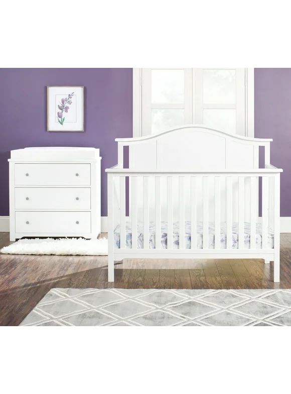 Child Craft Cottage Arch Top 3-Piece Nursery Set with 4-in-1 Convertible Crib, 3-Drawer Dresser, and Changing Table Topper (Matte White)