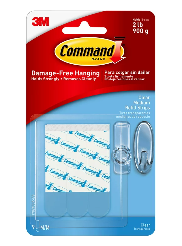 Command Medium Clear Refill Strips for Command Clear Medium Indoor Hooks, 12 Strips