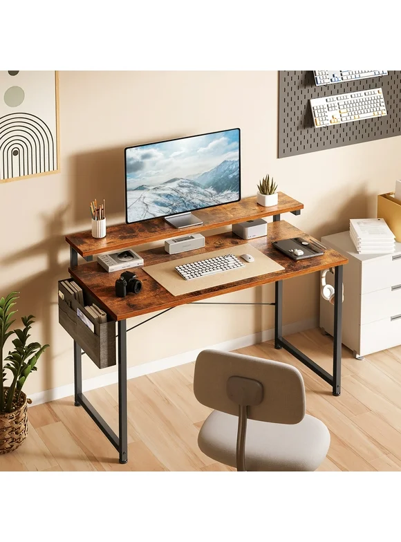 Computer Desk with Adjustable Monitor Stand(3.9”, 5.1”, 6.3”), 48 inch Home Office Desk with Storage Bag, Simple Modern Style Laptop Desk for Small Space, Vintage