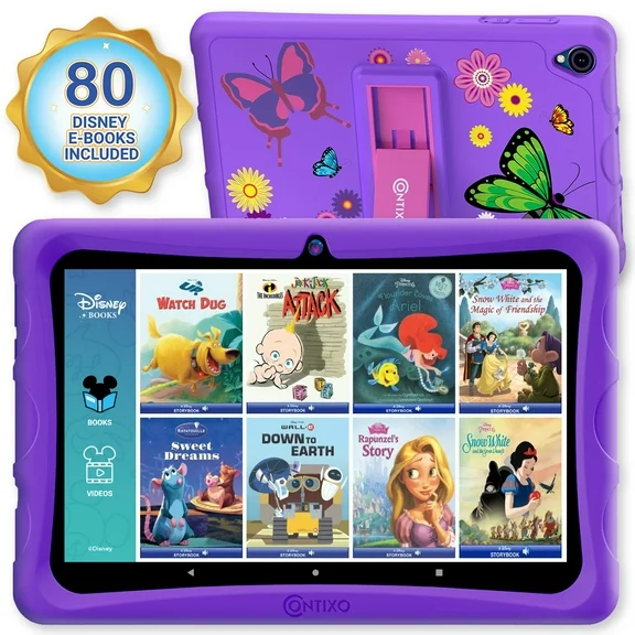 Contixo 10" Android Kids Tablet 64GB, Includes 80+ DisneyStorybooks & Stickers, Kid-Proof Case with Kickstand, Android 10 + Quad-Core 1.6, 2GB RAM (2024 Model) - Purple