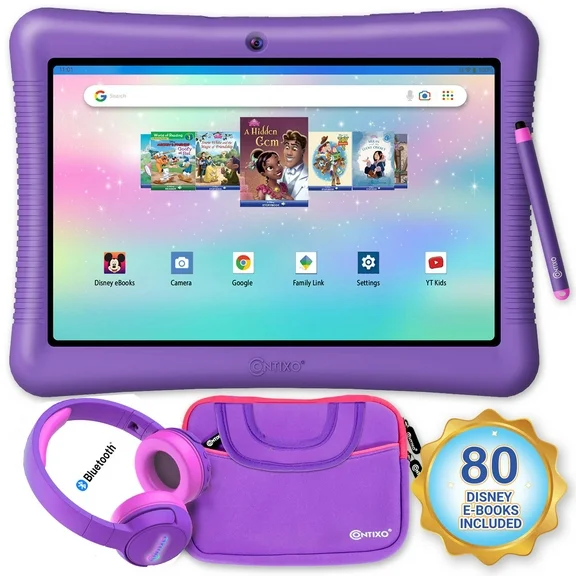 Contixo K102 10" Kids Tablet, Wireless Headphones and Tablet Bag | 64GB Storage, 80+ Disney eBooks, Shockproof Case w/ Kickstand & Stylus Purple