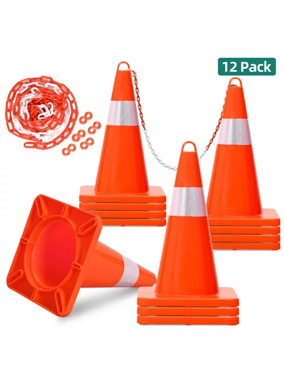 Dextrus 12 Pcs Traffic Cones, 18" PVC Safety Cones with 19.7ft Chain and Reflective Collars, Construction Cones for Road Parking Traffic Control, Driveway