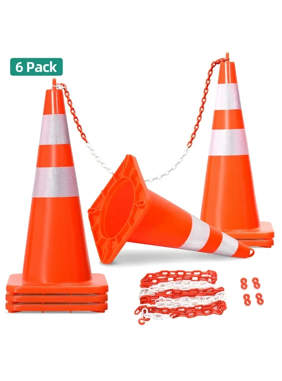 Dextrus 6 Pcs Traffic Cones, 28" PVC Safety Cones with 16.4 ft Chain and Reflective Collars, Construction Cones for Road Parking Traffic Control, Driveway