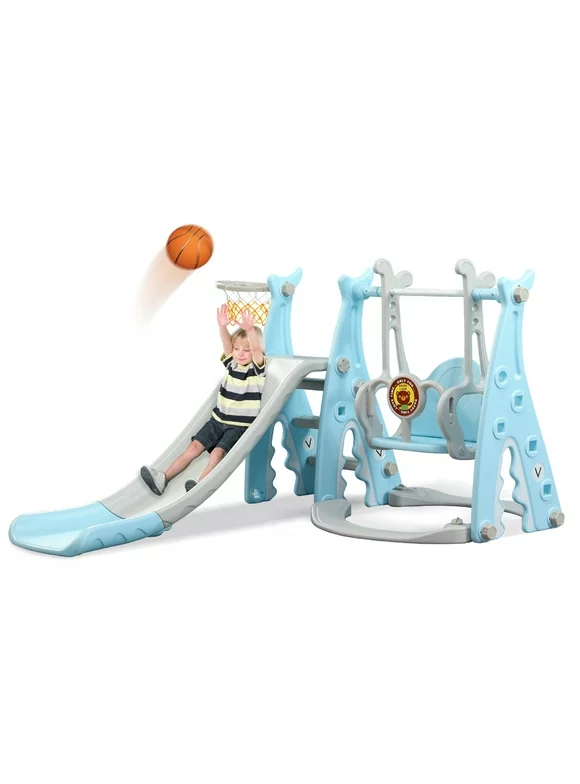 Ealing 4 in 1 Toddler Slide and Swing Set Toddler Playset Playground Outdoor Swing Slide Climber and Basketball Baby Slide for Boys and Girls Backyard Indoor (Blue )