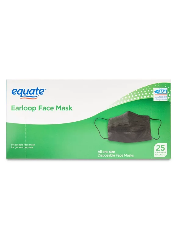 Equate Earloop Disposable Face Masks, Black, 25 Count