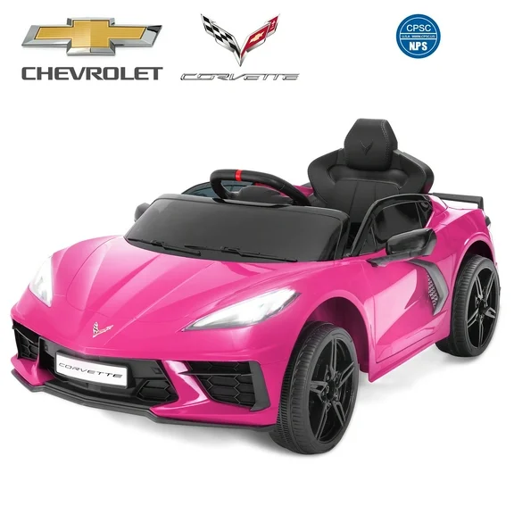 FUNTOK Licensed Chevrolet Corvette C8 12V Kids Electric Ride on Car Toy, Battery Powered Car Truck with Remote Control, Bluetooth, 3 Speeds, LED Headlight, Music Player & Spring Suspension, Pink