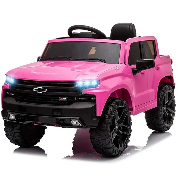 FUNTOK Licensed Chevrolet Silverado 12V Kids Electric Powered Ride on Car with Remote Control and Storage Trunk, Pink