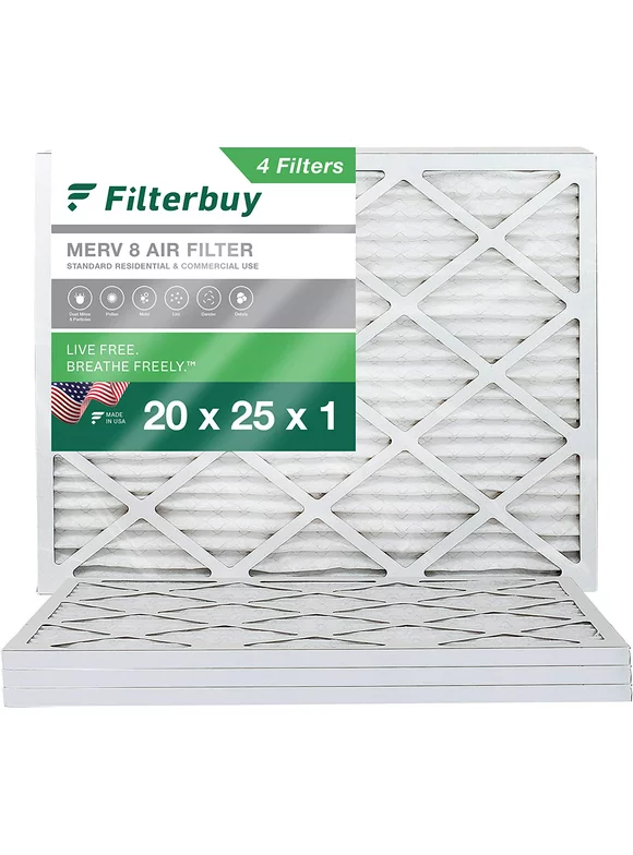 Filterbuy 20x25x1 MERV 8 Pleated HVAC AC Furnace Air Filters (4-Pack)