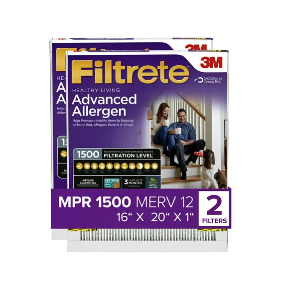 Filtrete 16x20x1 Air Filter, MPR 1500 MERV 12, Advanced Allergen Reduction, 2 Filters