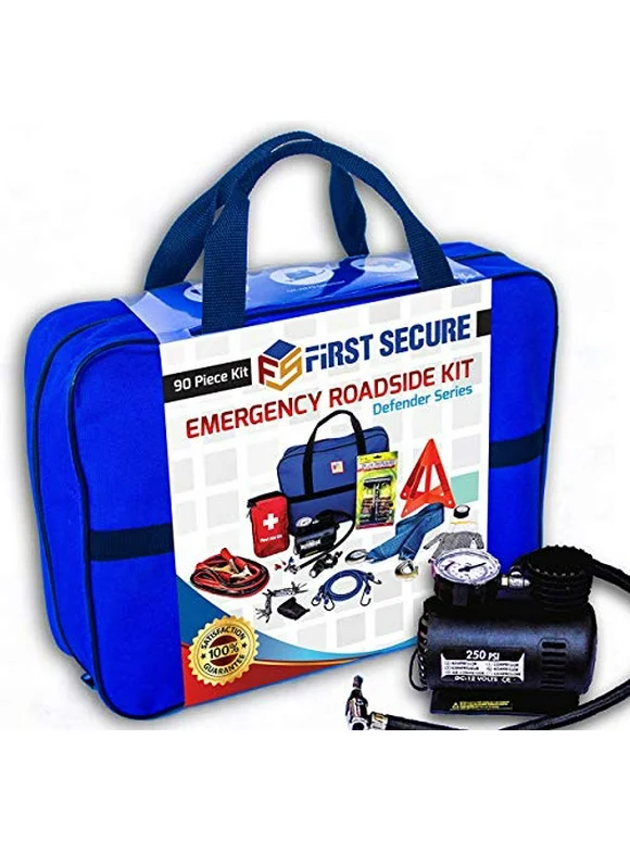 First Secure 90 Piece Car Emergency Roadside & First Aid Kit Inside - Essential Emergency Tool Kit