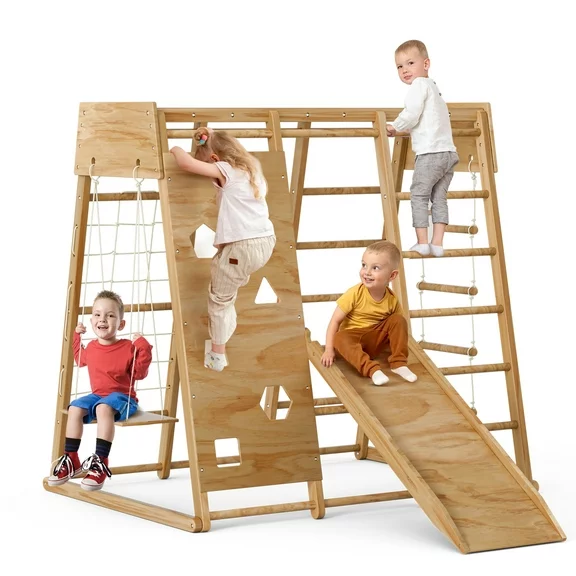 GIKPAL 8-in-1 Indoor Wooden Kids Playground Jungle Gym with Slide,Toddlers Wooden Climber Playset with Rope Wall Climb, Monkey Bars and Swing for Boys Girls