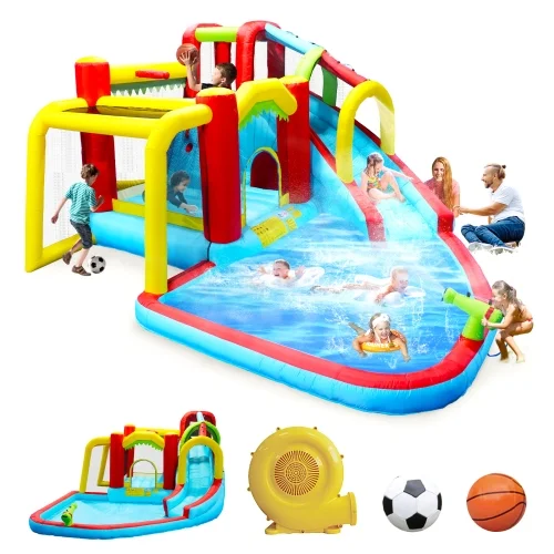 HNH 7 in 1 Inflatable Slide Water Park Inflatable Bounce Houses for Kids with Splash Pool Water Gun