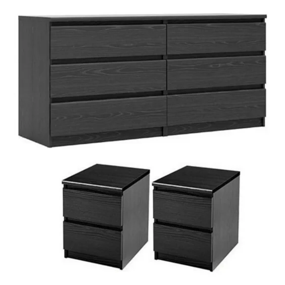 Home Square 3 Piece Bedroom Set with 6 Drawer Dresser and 2 Nightstands in Black