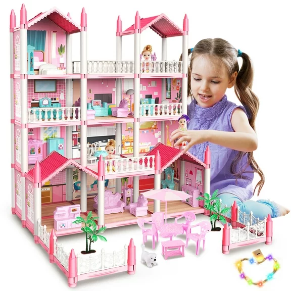 JoyStone Play Dollhouse with Doll Toy Figures, 14 Rooms Furniture and Colorful Lights, Creative Doll House Gift for Girls Ages 3+, Assemble Required, Pink