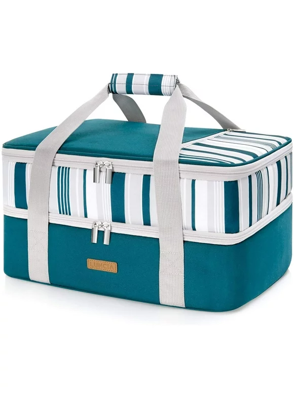 LUNCIA Double Decker Insulated Casserole Carrier for Hot or Cold Food, Lasagna Holder Tote Green