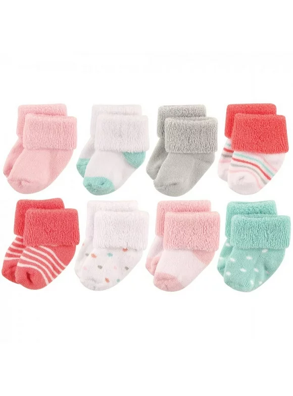 Luvable Friends Baby Girl Newborn and Baby Terry Socks, Coral Dot, 0-6 Months