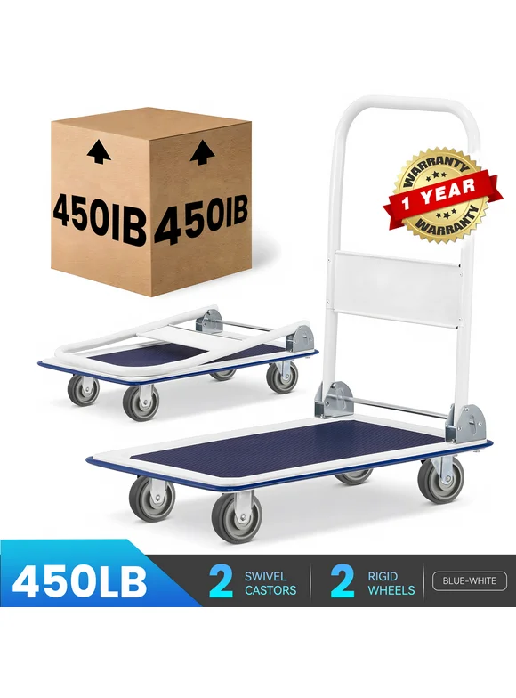 M BUDER Folding Hand Truck, Push Dolly 450 LBS Weight Capacity, Foldable Platform Truck for Luggage, Travel, House, Office, Blue and White 28.3" x 18.9" x 32.7"