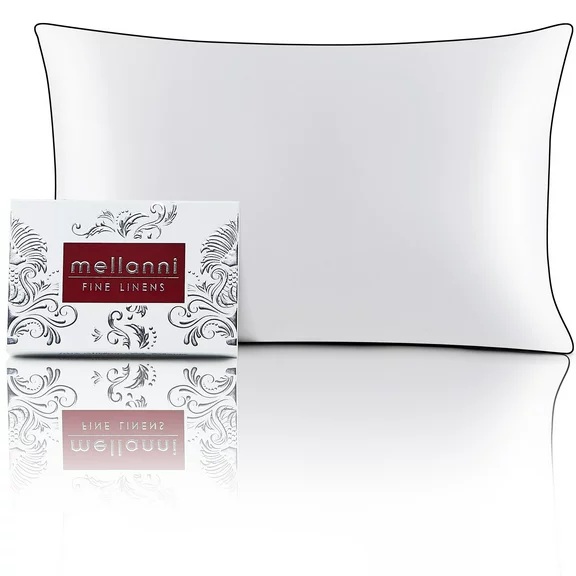 Mellanni Mulberry Silk Collection 19 Momme White With Black Piping Silk Pillowcase, Standard
