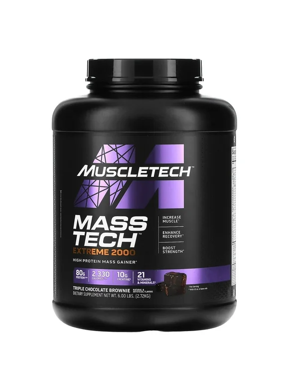 MuscleTech Mass Gainer Mass-Tech Extreme 2000, Muscle Builder Whey Protein Powder, Protein + Creatine + Carbs, Weight Gainer for Women & Men, Triple Chocolate Brownie, 6lbs (Packaging May Vary)
