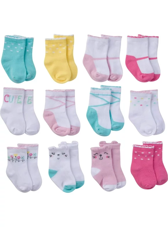 Onesies Brand Baby Girl Assorted Stay-on Jersey Crew Wiggle-Proof Socks, 12-Pack, Sizes 0/6M- 24M