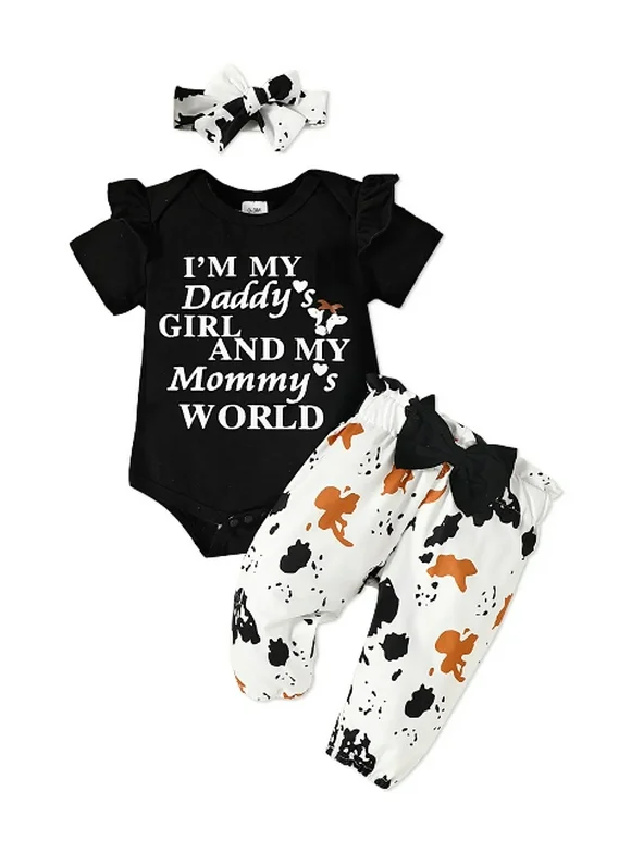PatPat 3pcs Baby Girl Clothes 95% Cotton Short-sleeve Black Romper Pants Set, 0-3 Months