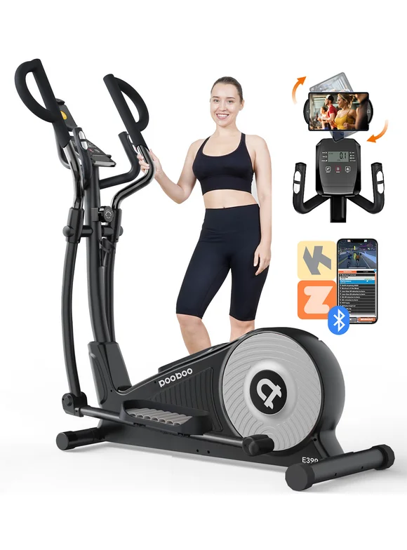 Pooboo Elliptical Machine 16 Levels Resistance  Built-in Blue Elliptical Trainers with LCD Monitor & Rotatable Ipad Mount Smooth Quiet Driven 400lbs Capacity 15.5inch Stride Length