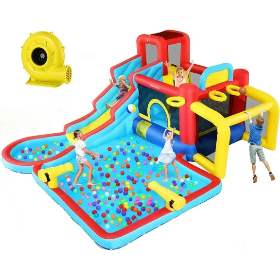 Qhomic Inflatable Water Slide 12 in 1 Waterfall Waves Mega Water Park, Inflatable Bounce House Water Slide with Splash Pool, Climbing Wall, Cannon, Basketball Hoop, Ball Shooting, Football Gate