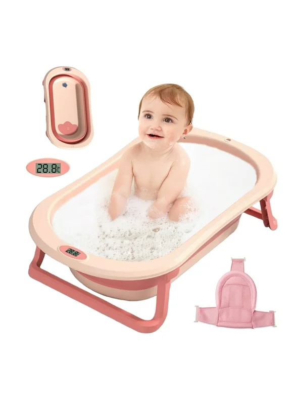 SLLINGLUO 31" Non-Slip Baby Bath Tub Folding Portable Infant Bathtub with Bath Seat and Toys, Newborn to Toddler Bathtub(Pink, Net)