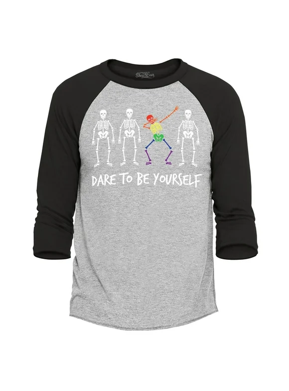 Shop4Ever Men's Dare to Be Yourself Gay Pride Raglan Baseball Shirt X-Small Heather Grey/Black