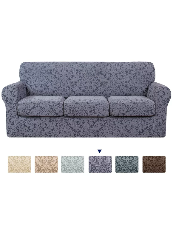 Subrtex Sofa Cover Stretch Jacquard Damask Sofa Cover with 3 Separate Seat Cushion Cover(Sofa, Grayish Blue)