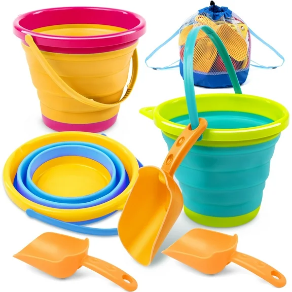 Syncfun 3 Packs Collapsible Bucket with Shovels & Mesh Bag, Multi-Purpose Kids sand toys for Beach, Camping Gear, Beach Parties, and Fun Summer Activities