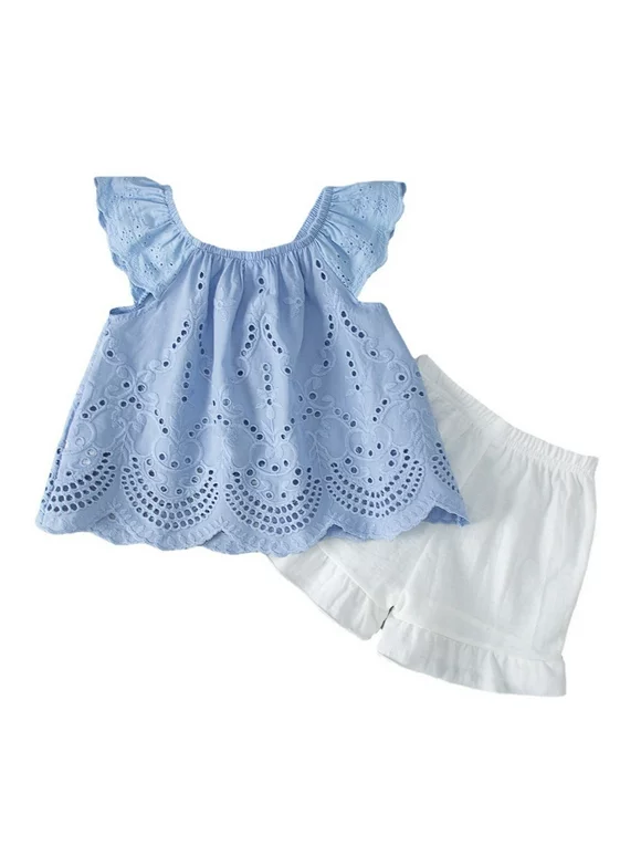 Tengma Toddler Baby Girl Outfits Girls Ruched Solid Tops Shorts Set Casual Clothes Outfits 2Y Summer Casual Set Light blue 90