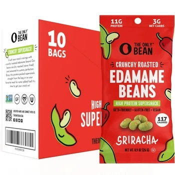 The Only Bean Crunchy Roasted Edamame Snacks (Sriracha), Protein Keto Snacks, Vegan, Low Calorie, Gluten-Free Snacks, Healthy Snacks for Adults and Kids, 100 Calorie Snack Pack, 0.9 Ounce (Pack of 10)